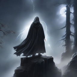 A dark fantasy book cover featuring a mysterious, cloaked figure standing on a cliff edge, overlooking a stormy, enchanted forest