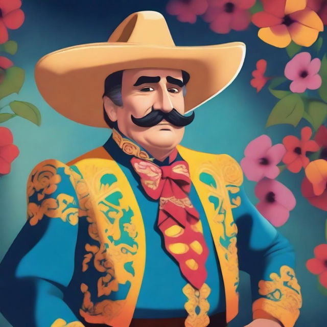 Create an image of Vicente Fernandez in a Disney 2D animation style