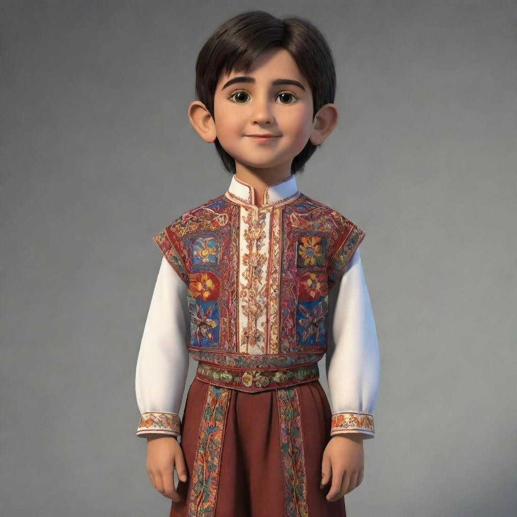 The protagonist of a cartoon, a young Armenian boy, standing proud in his authentic Armenian costume. His traditional attire is detailed and colorfully animated, capturing the essence of Armenian culture.