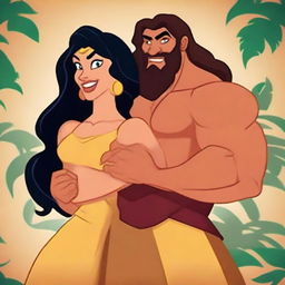 Create a poster featuring Samson and Delilah in a Disney 2D animation style