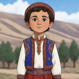 The protagonist of a cartoon, a young Armenian boy, standing proud in his authentic Armenian costume. His traditional attire is detailed and colorfully animated, capturing the essence of Armenian culture.