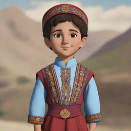 The protagonist of a cartoon, a young Armenian boy, standing proud in his authentic Armenian costume. His traditional attire is detailed and colorfully animated, capturing the essence of Armenian culture.