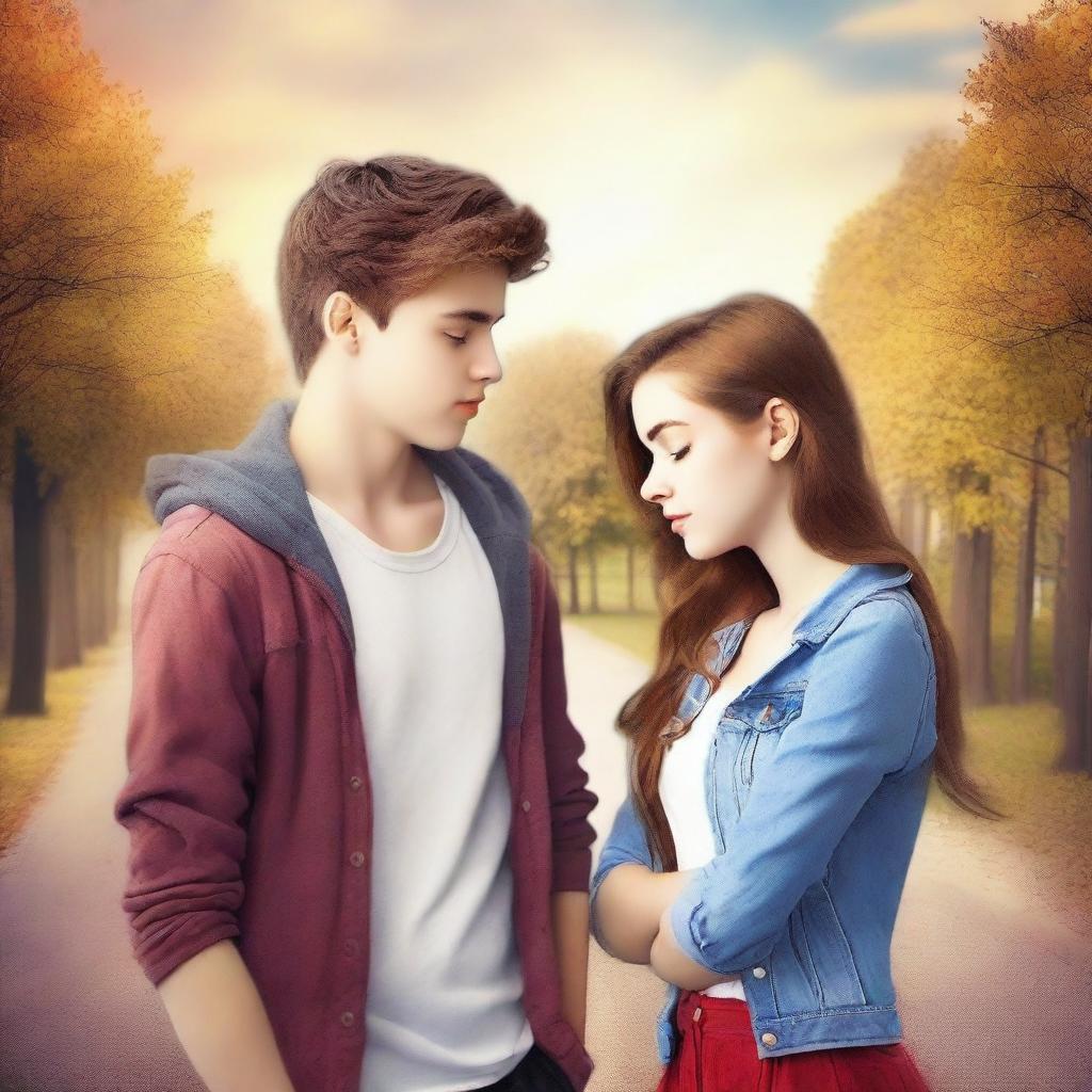 Create a book cover for a teen drama romance novel featuring two young lovers facing troubles together