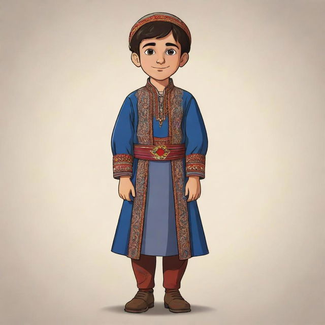 The protagonist of a cartoon, a young Armenian boy, standing proud in his authentic Armenian costume. His traditional attire is detailed and colorfully animated, capturing the essence of Armenian culture.