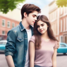 Create a book cover for a teen drama romance novel featuring two young lovers facing troubles together