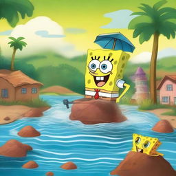 Create an image titled 'O Conto Do Bob Esponja e as Enchente Do Rio Grande Do Sul' featuring SpongeBob SquarePants in a fantasy story setting, dealing with a flood in Rio Grande Do Sul