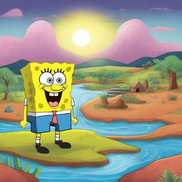 Create an image titled 'O Conto Do Bob Esponja e as Enchente Do Rio Grande Do Sul' featuring SpongeBob SquarePants in a fantasy story setting, dealing with a flood in Rio Grande Do Sul