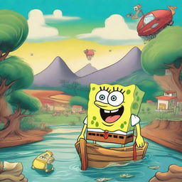 Create an image titled 'O Conto Do Bob Esponja e as Enchente Do Rio Grande Do Sul' featuring SpongeBob SquarePants in a fantasy story setting, dealing with a flood in Rio Grande Do Sul