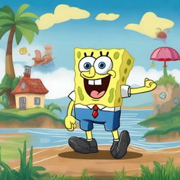 Create an image titled 'O Conto Do Bob Esponja e as Enchente Do Rio Grande Do Sul' featuring SpongeBob SquarePants in a fantasy story setting, dealing with a flood in Rio Grande Do Sul