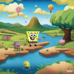 Create an image titled 'O Conto Do Bob Esponja e as Enchente Do Rio Grande Do Sul' featuring SpongeBob SquarePants in a fantasy setting