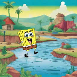 Create an image titled 'O Conto Do Bob Esponja e as Enchente Do Rio Grande Do Sul' featuring SpongeBob SquarePants in a fantasy setting