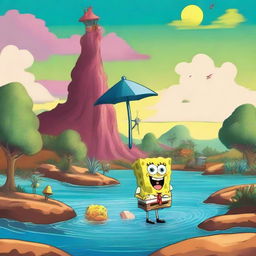 Create an image titled 'O Conto Do Bob Esponja e as Enchente Do Rio Grande Do Sul' featuring SpongeBob SquarePants in a fantasy setting