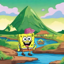 Create an image titled 'O Conto Do Bob Esponja e as Enchente Do Rio Grande Do Sul' featuring SpongeBob SquarePants in a fantasy setting