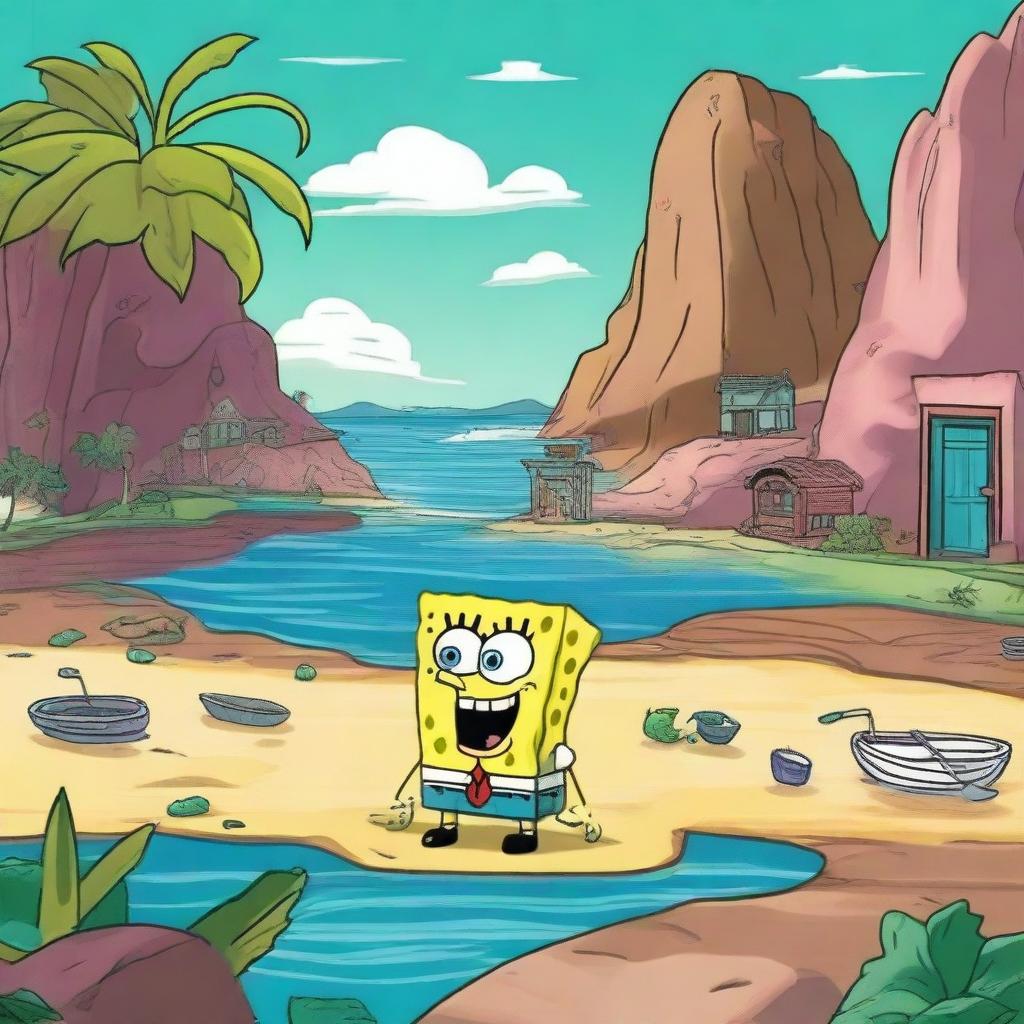 Create an image titled 'O Conto Do Bob Esponja e as Enchente Do Rio Grande Do Sul' featuring SpongeBob SquarePants in a fantasy setting