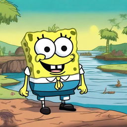 Create an image titled 'O Conto Do Bob Esponja e as Enchente Do Rio Grande Do Sul' featuring SpongeBob SquarePants in a fantasy setting