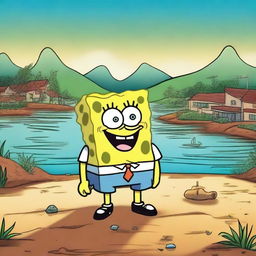 Create an image titled 'O Conto Do Bob Esponja e as Enchente Do Rio Grande Do Sul' featuring SpongeBob SquarePants in a fantasy setting