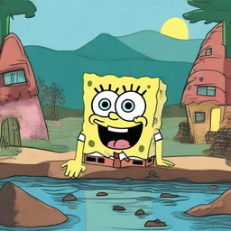 Create an image titled 'O Conto Do Bob Esponja e as Enchente Do Rio Grande Do Sul' featuring SpongeBob SquarePants in a fantasy setting