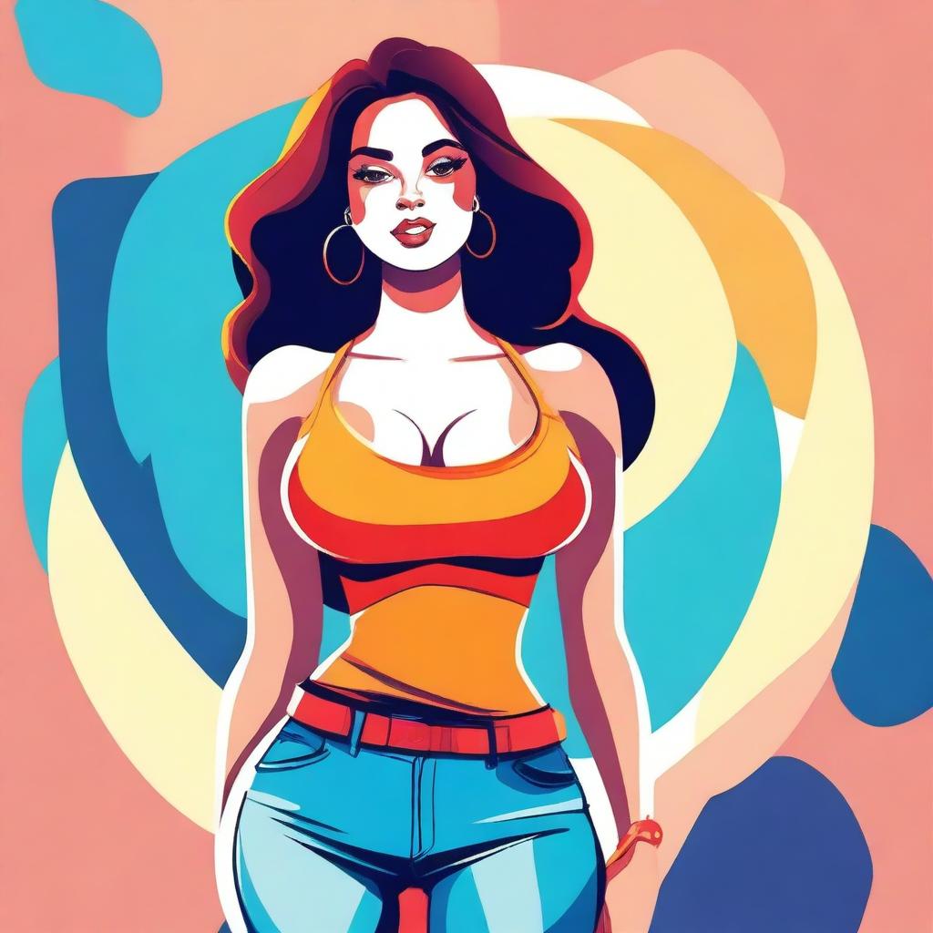 A stylized illustration of a confident girl with a curvy figure, emphasizing her large chest