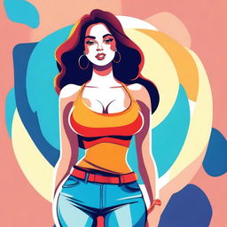 A stylized illustration of a confident girl with a curvy figure, emphasizing her large chest