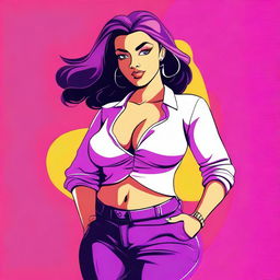 A stylized illustration of a confident girl with a curvy figure, emphasizing her large chest