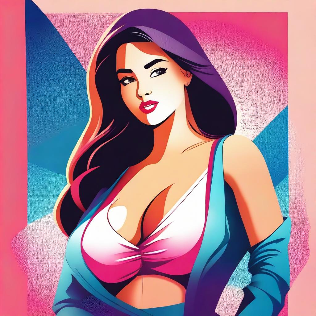 A stylized illustration of a confident girl with a curvy figure, emphasizing her large chest