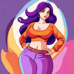 A stylized illustration of a confident girl with a curvy figure, emphasizing her large chest