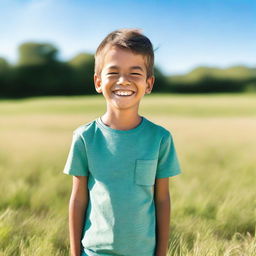 A young boy standing in a field with a big smile on his face