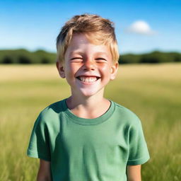 A young boy standing in a field with a big smile on his face