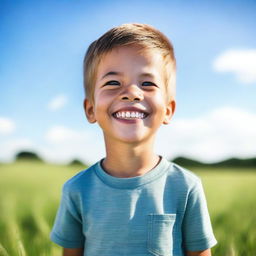 A young boy standing in a field with a big smile on his face