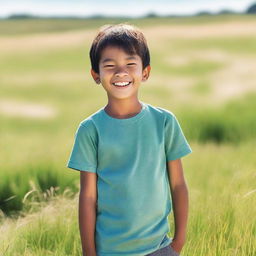 A young boy standing in a field with a big smile on his face