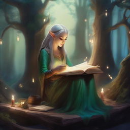 A graceful Eladrin, an elf-like creature from Dungeons & Dragons, is sitting at a wooden desk in a magical forest, writing in an ancient book with a quill