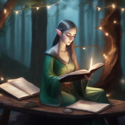 A graceful Eladrin, an elf-like creature from Dungeons & Dragons, is sitting at a wooden desk in a magical forest, writing in an ancient book with a quill