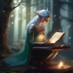 A graceful Eladrin, an elf-like creature from Dungeons & Dragons, is sitting at a wooden desk in a magical forest, writing in an ancient book with a quill