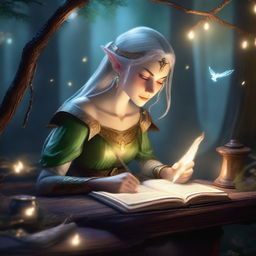 A graceful Eladrin, an elf-like creature from Dungeons & Dragons, is sitting at a wooden desk in a magical forest, writing in an ancient book with a quill