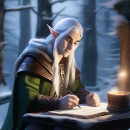 A male Winter Eladrin, an elf-like creature from Dungeons & Dragons, is sitting at a wooden desk in a snowy, enchanted forest, writing in an ancient book with a quill