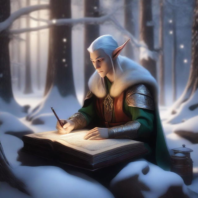 A male Winter Eladrin, an elf-like creature from Dungeons & Dragons, is sitting at a wooden desk in a snowy, enchanted forest, writing in an ancient book with a quill