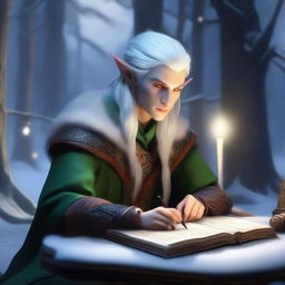 A male Winter Eladrin, an elf-like creature from Dungeons & Dragons, is sitting at a wooden desk in a snowy, enchanted forest, writing in an ancient book with a quill
