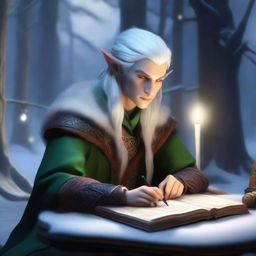 A male Winter Eladrin, an elf-like creature from Dungeons & Dragons, is sitting at a wooden desk in a snowy, enchanted forest, writing in an ancient book with a quill