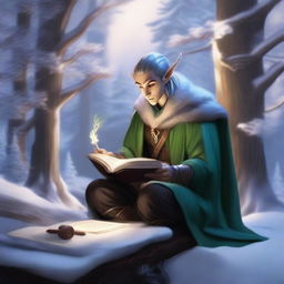 A male Winter Eladrin, an elf-like creature from Dungeons & Dragons, is sitting at a wooden desk in a snowy, enchanted forest, writing in an ancient book with a quill