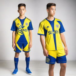 A detailed and vibrant image of a futsal jersey and shorts set