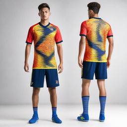 A detailed and vibrant image of a futsal jersey and shorts set