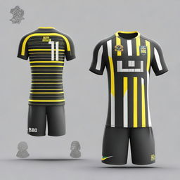 Create a detailed and vibrant image of a striped futsal jersey and matching shorts