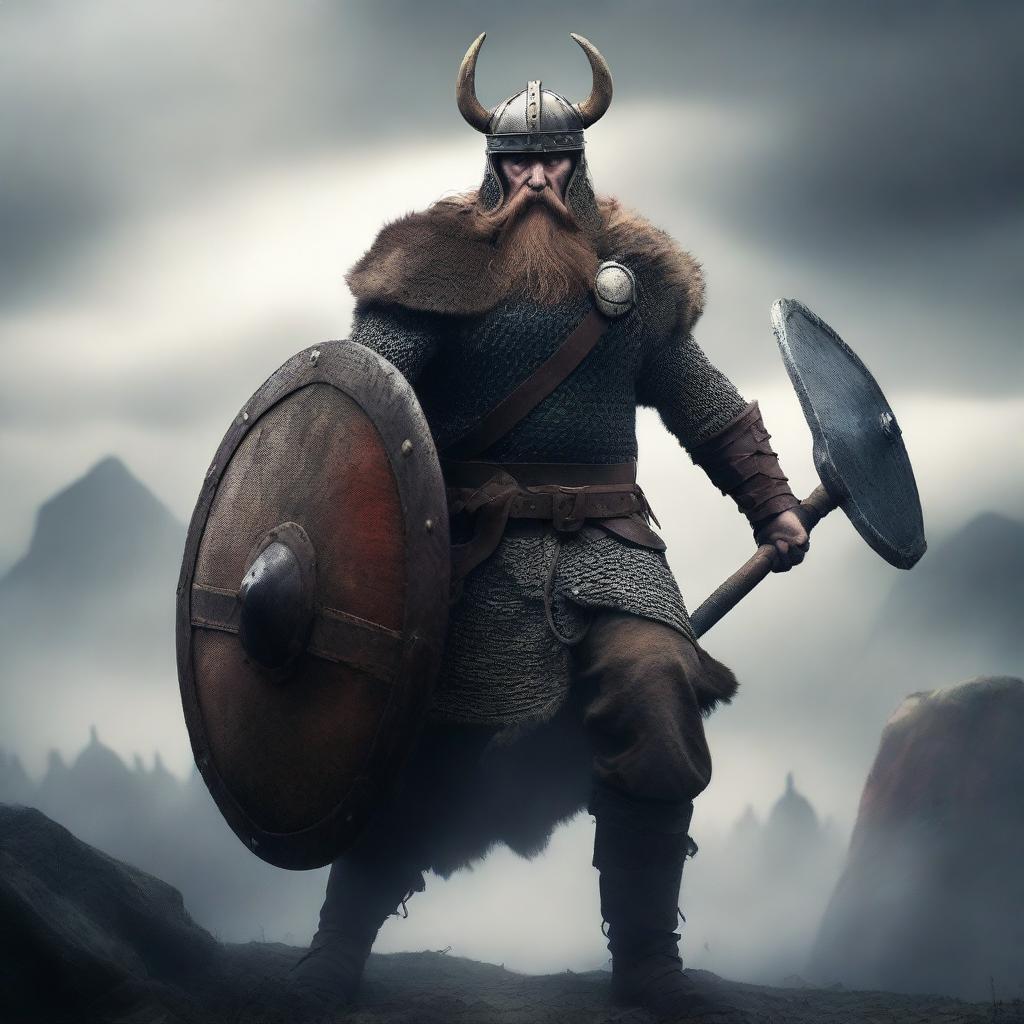 A fierce and angry Viking warrior holding a large shield and a sharp sword