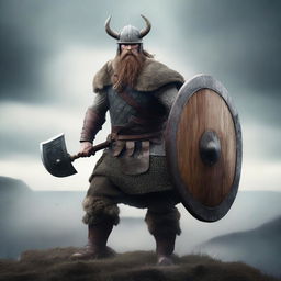 A fierce and angry Viking warrior holding a large shield and a sharp sword