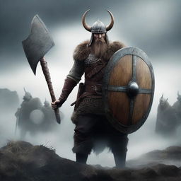 A fierce and angry Viking warrior holding a large shield and a sharp sword