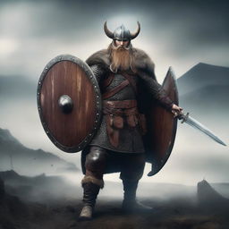 A fierce and angry Viking warrior holding a large shield and a sharp sword