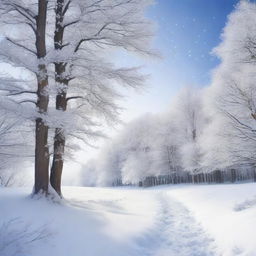 A beautiful winter scene featuring delicate snowflakes falling gently from the sky