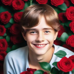 A beautiful smiling teenage boy surrounded by red roses, looking handsome with a seductive face and love dripping from his eyes