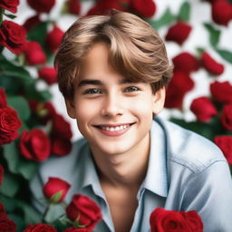 A beautiful smiling teenage boy surrounded by red roses, looking handsome with a seductive face and love dripping from his eyes