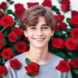 A beautiful smiling teenage boy surrounded by red roses, looking handsome with a seductive face and love dripping from his eyes